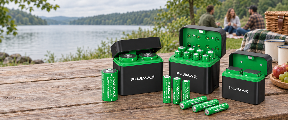 PUJIMAX charging cases and rechargeable batteries on an outdoor table