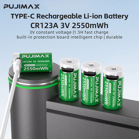 PUJIMAX 2pcs CR123A 3V 2550mWh Type-C Rechargeable Li-ion Batteries for Flashlights Cameras