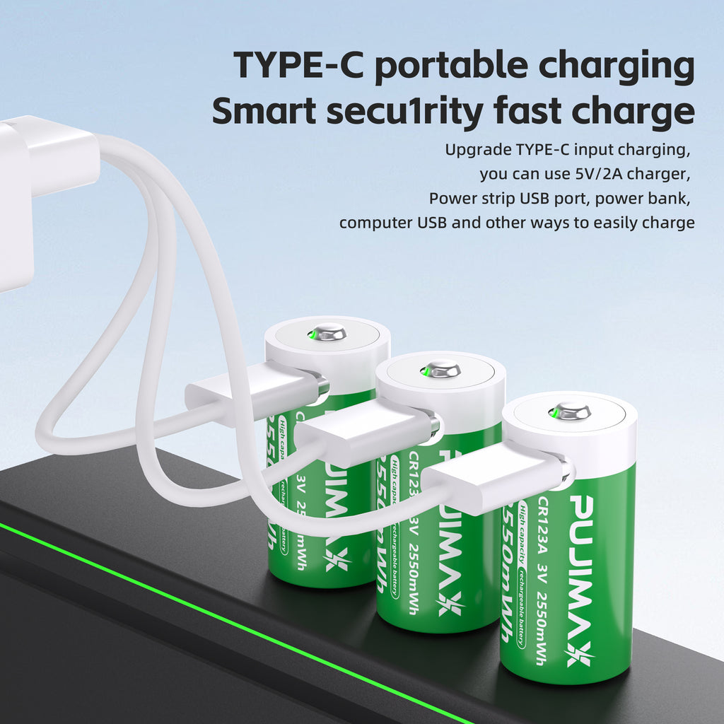 PUJIMAX 2pcs CR123A 3V 2550mWh Type-C Rechargeable Li-ion Batteries for Flashlights Cameras