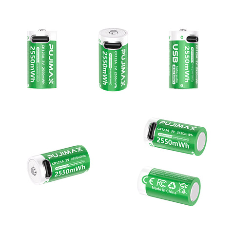 PUJIMAX 2pcs CR123A 3V 2550mWh Type-C Rechargeable Li-ion Batteries for Flashlights Cameras