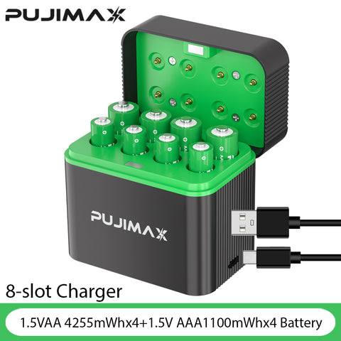 PUJIMAX PJ-L812 1.5V Li-ion Battery Charger with 4pcs 1.5V AA 4255mWh Rechargeable Batteries and 4pcs 1.5VAAA 1100mWh echargeable Batteries