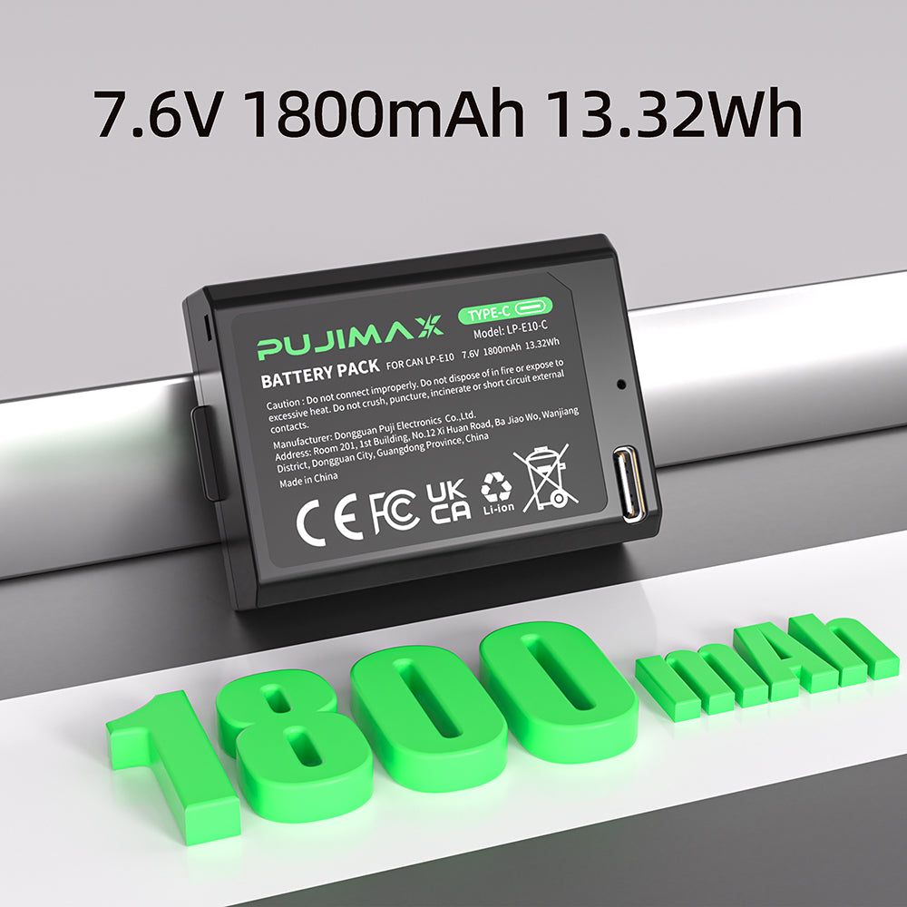 PUJIMAX LP-E10-C 7.6V 1800mAh Type-C Camera Battery - 1pc