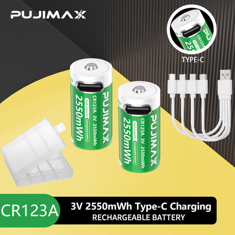 PUJIMAX 2pcs CR123A 3V 2550mWh Type-C Rechargeable Li-ion Batteries for Flashlights Cameras