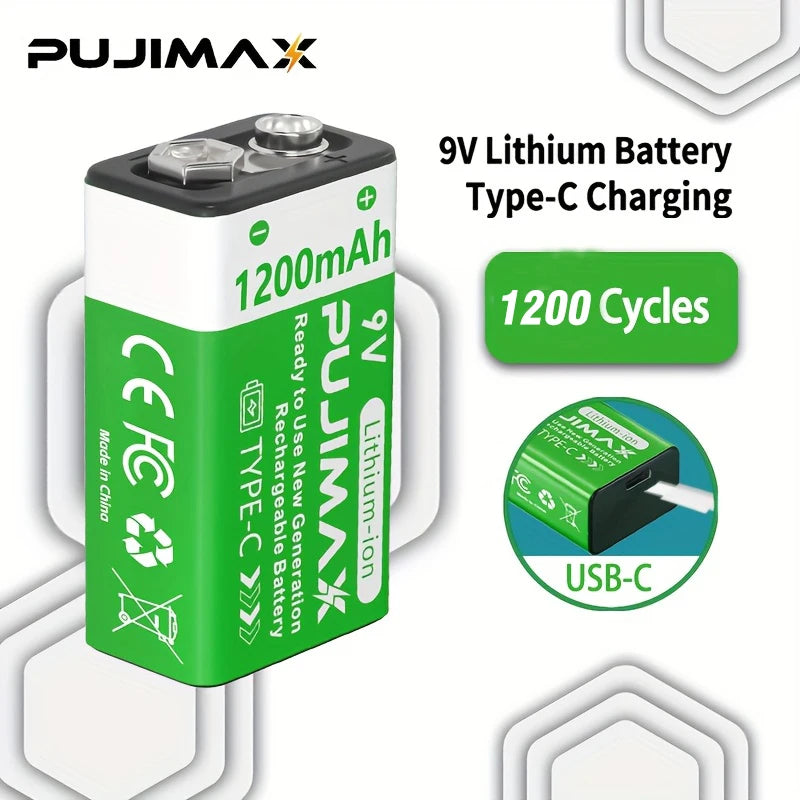 PUJIMAX 9V Battery1200mAh Li-ion Rechargeable battery Type-C Batteries  9V lithium for Multimeter Microphone Toy Remote Control