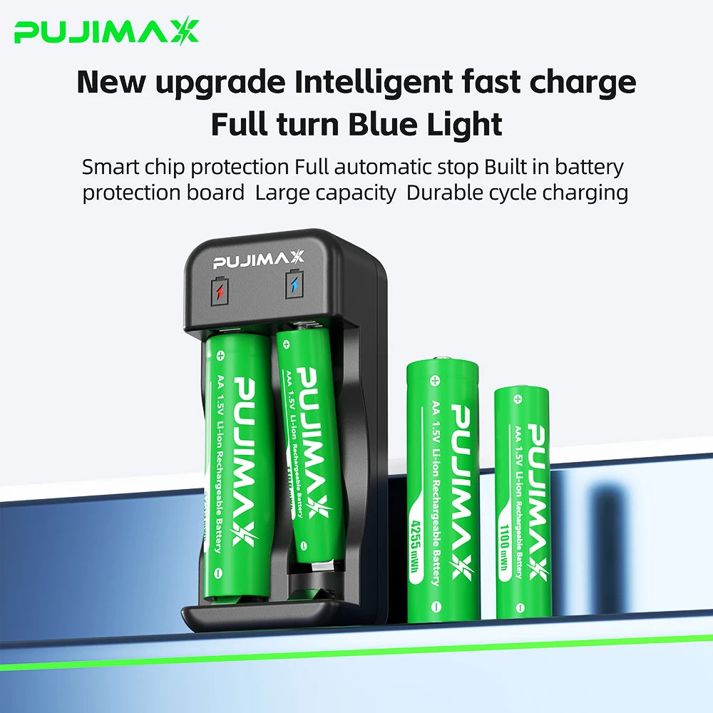 PUJIMAX Lithium-ion Rechargeable Batteries for Clock Radio Video Game 1.5V AA 4255mWh AAA 1100mWh Batteries Charger+Data Cable