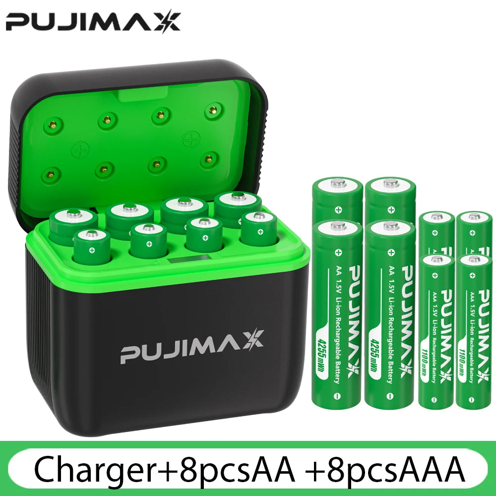 PUJIMAX AA+AAA 1.5V Rechargeable Lithium Battery 8-Slot Charging Compartment 4255mWh& 1100mWh Fast Charging 1.5V Lithium Battery