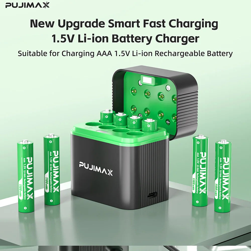 PUJIMAX 1.5V AAA 1100mWh Rechargeable Lithium-ion  Battery With Smart Battery Charger SET  Batteries Individually Available