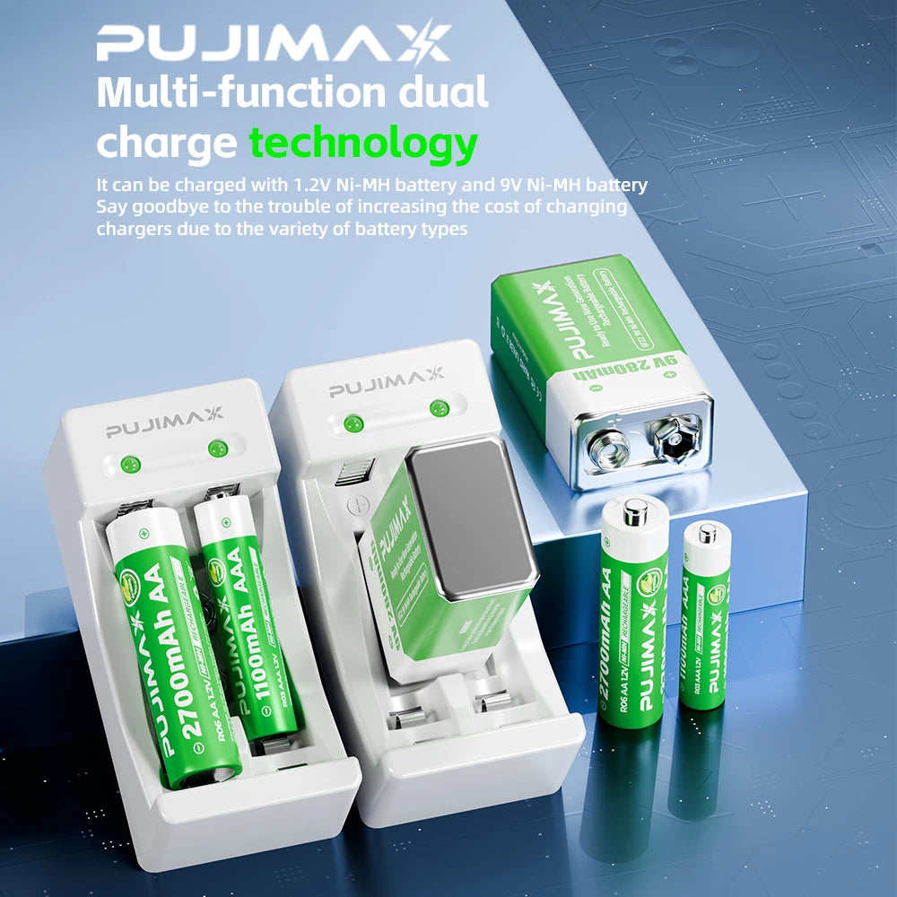 PUJIAMX AA/AAA/C/D Battery Charger for 1.2V NI-MH Rechargeable Batteries LCD Display Fast Charging Tool with USB Type C Cable