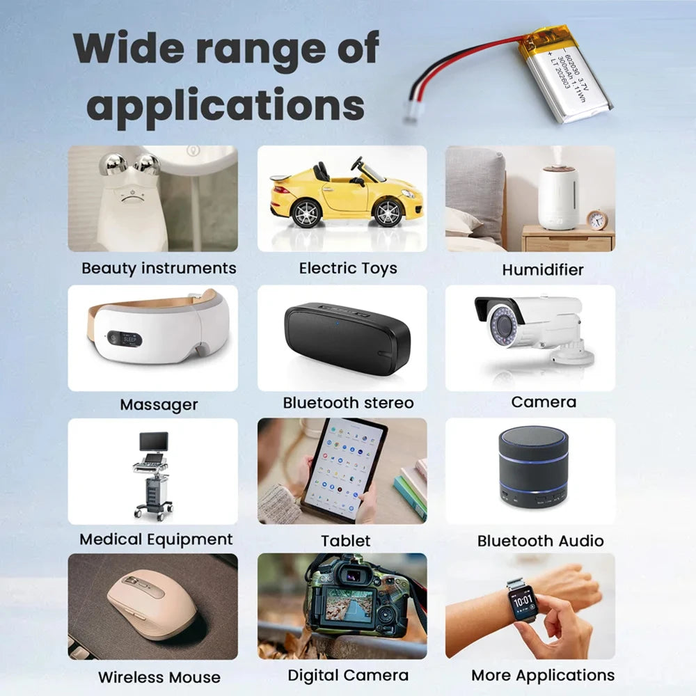 PUJIMAX 602030 300mAh Lithium Rechargeable Battery 3.7V Li-ion Polymer Battery for Bluetooth Headset Speaker Monitor Self-Timer