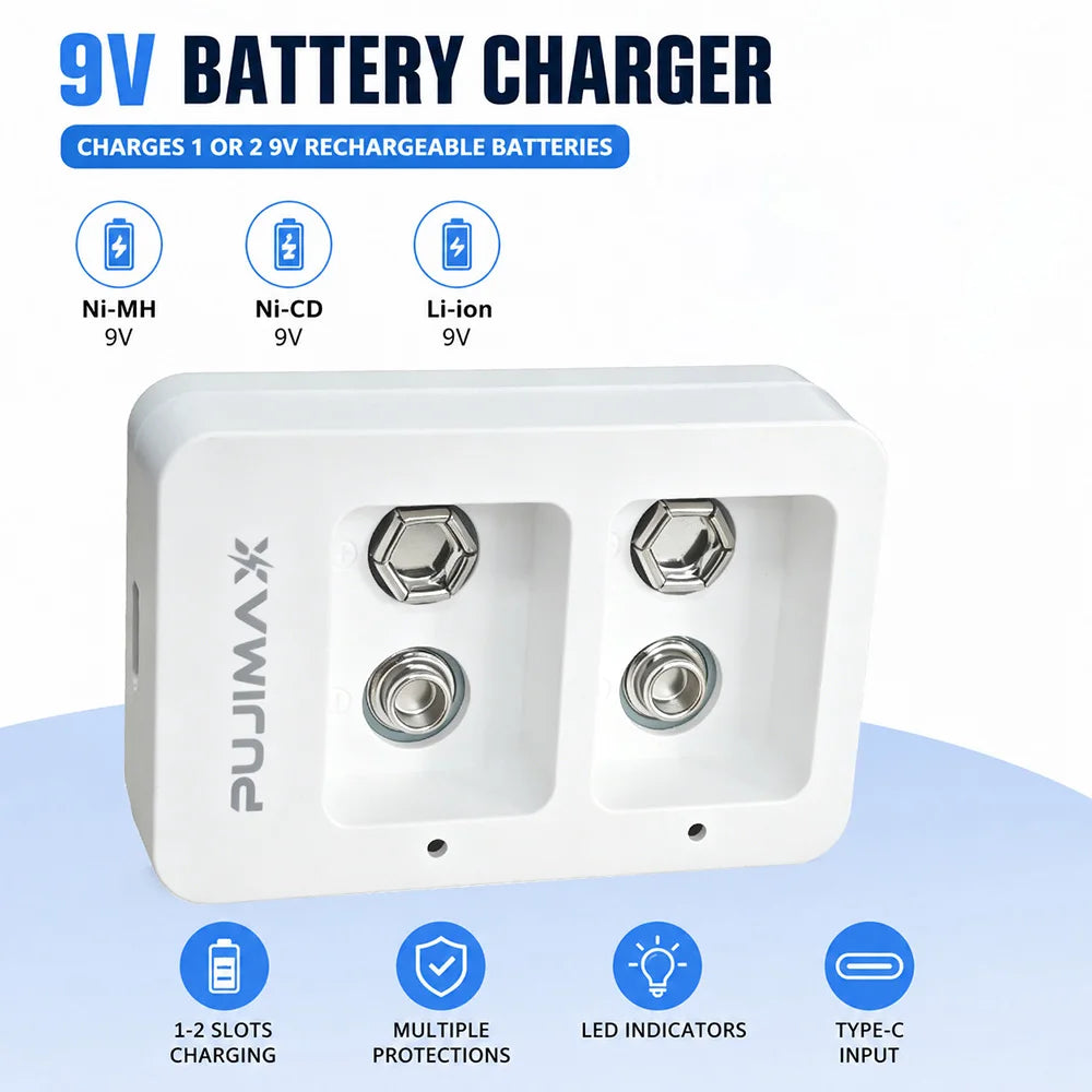PUJIMAX 2 Slots Smart Fast Battery Charger With LED Indicators USB Cable For 9V Ni-MH/Ni-Cd/Li-ion Rechargeable Batteries