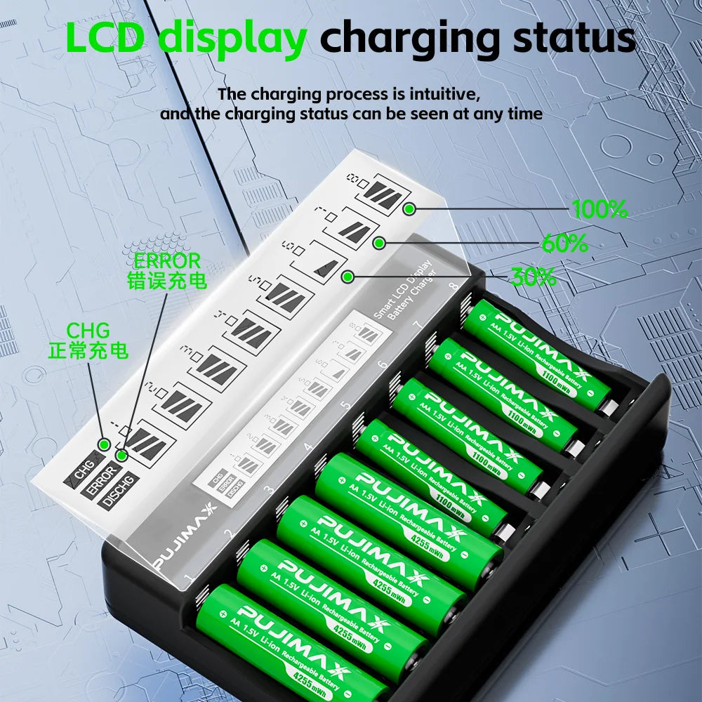 PUJIMAX Rechargeable Li-ion Battery 1.5V AA 4255mWh AAA 1100mWh+Charger for Clock Radio Video Game Digital Camera AA AAA Battery