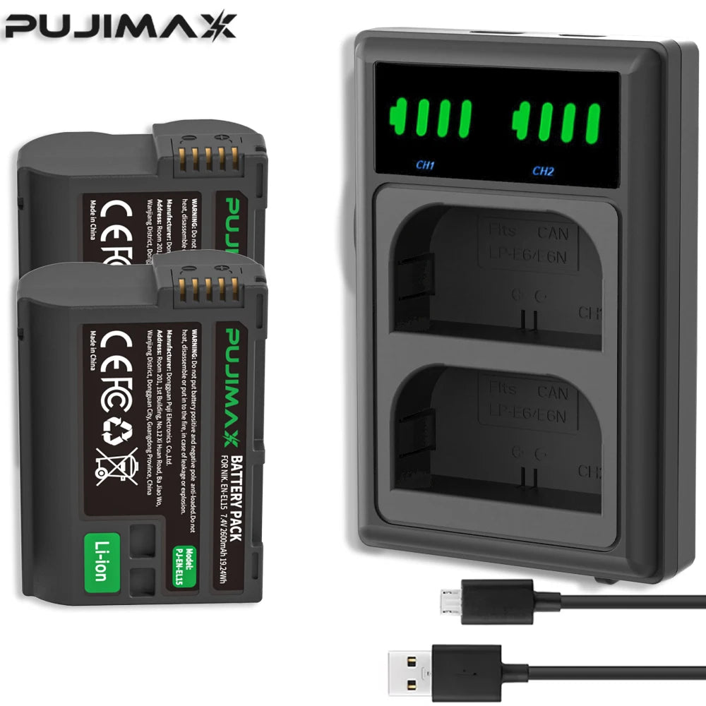 PUJIMAX EN-EL15C EN-EL15 Battery+LED USB Dual Charger for Nikon Z5,Z6,Z6 II,Z7,Z7II D600 D610 D600E D800 D810 D800E D810