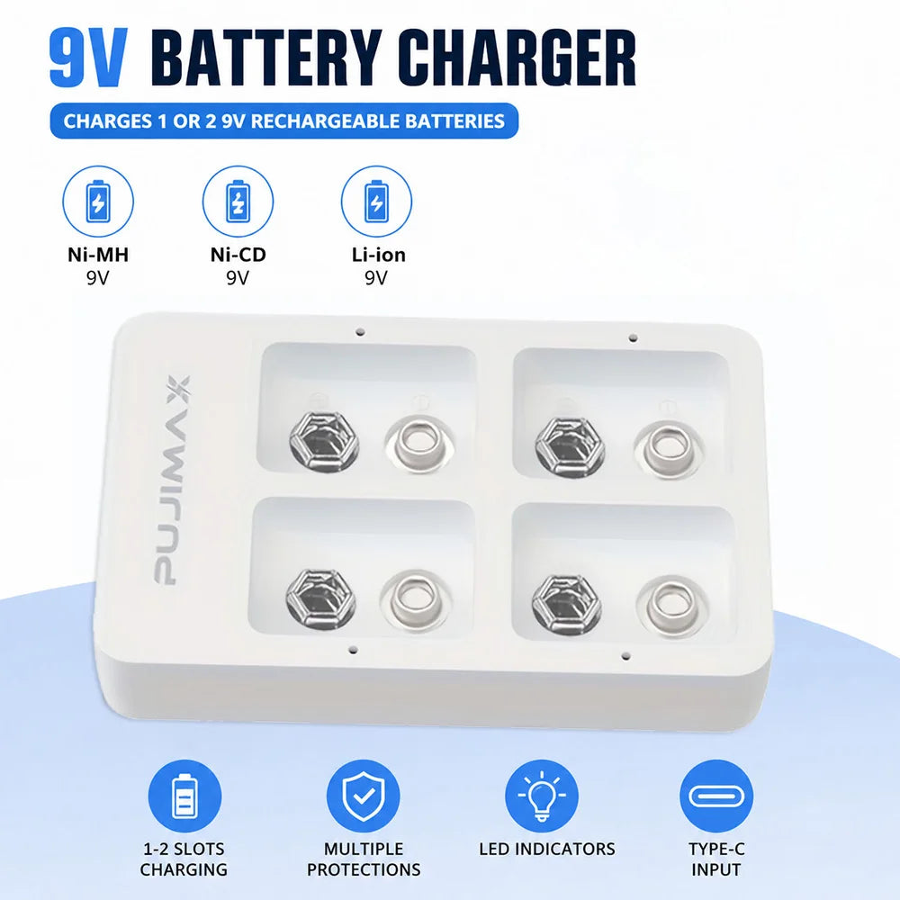 PUJIMAX 4 Slots Smart Fast Battery Charger With LED Indicators USB Cable For 9V Ni-MH/Ni-Cd/Li-ion Rechargeable Batteries