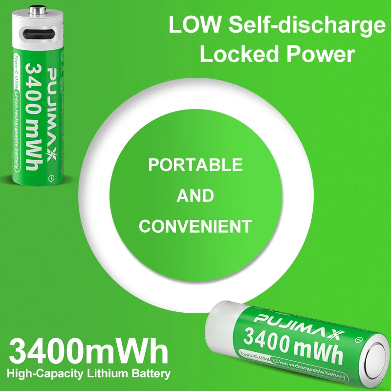 PUJIMAX AA Rechargeable Li-ion Battery 1.5V AA 3400mWh Li Ion Battery Watch for Toys MP3 Player Thermometer Keyboard + Cable