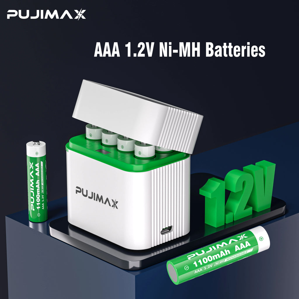 PUJIMAX 1.2V AAA 1100mAh Rechargeable Ni-MH Battery With Smart Battery Charger Compartments Charger Set