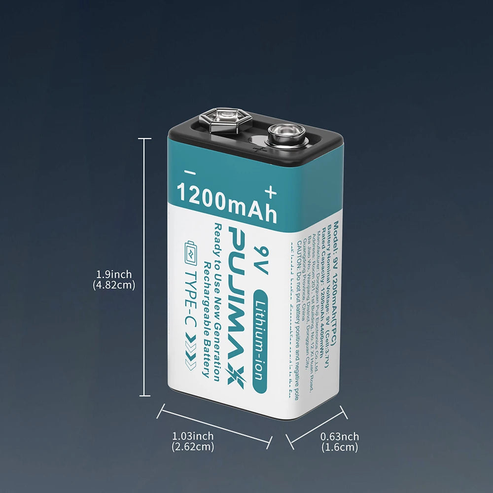 PUJIMAX USB 9V Rechargeable Battery 1200mAh Type-C Rechargeable 9V Li-ion Battery for Helicopeter Model Multimeter Smoke Alarm