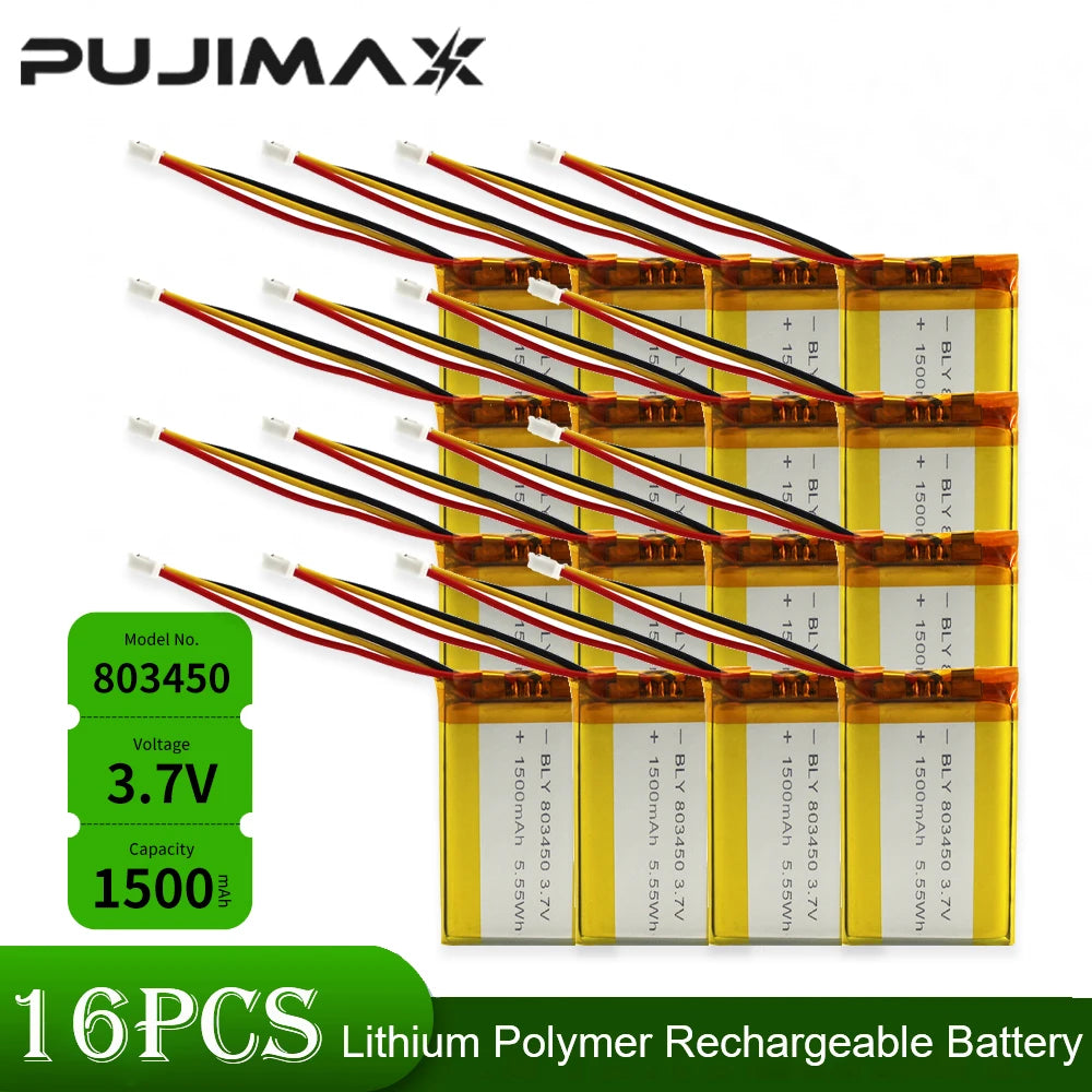 PUJIMAX 3.7V 1500mAh 803450 Li-Polymer LiPo Rechargeable Battery With PH 1.25mm 3pin Connector For MP3 DVD PAD Camera GPS Laptop