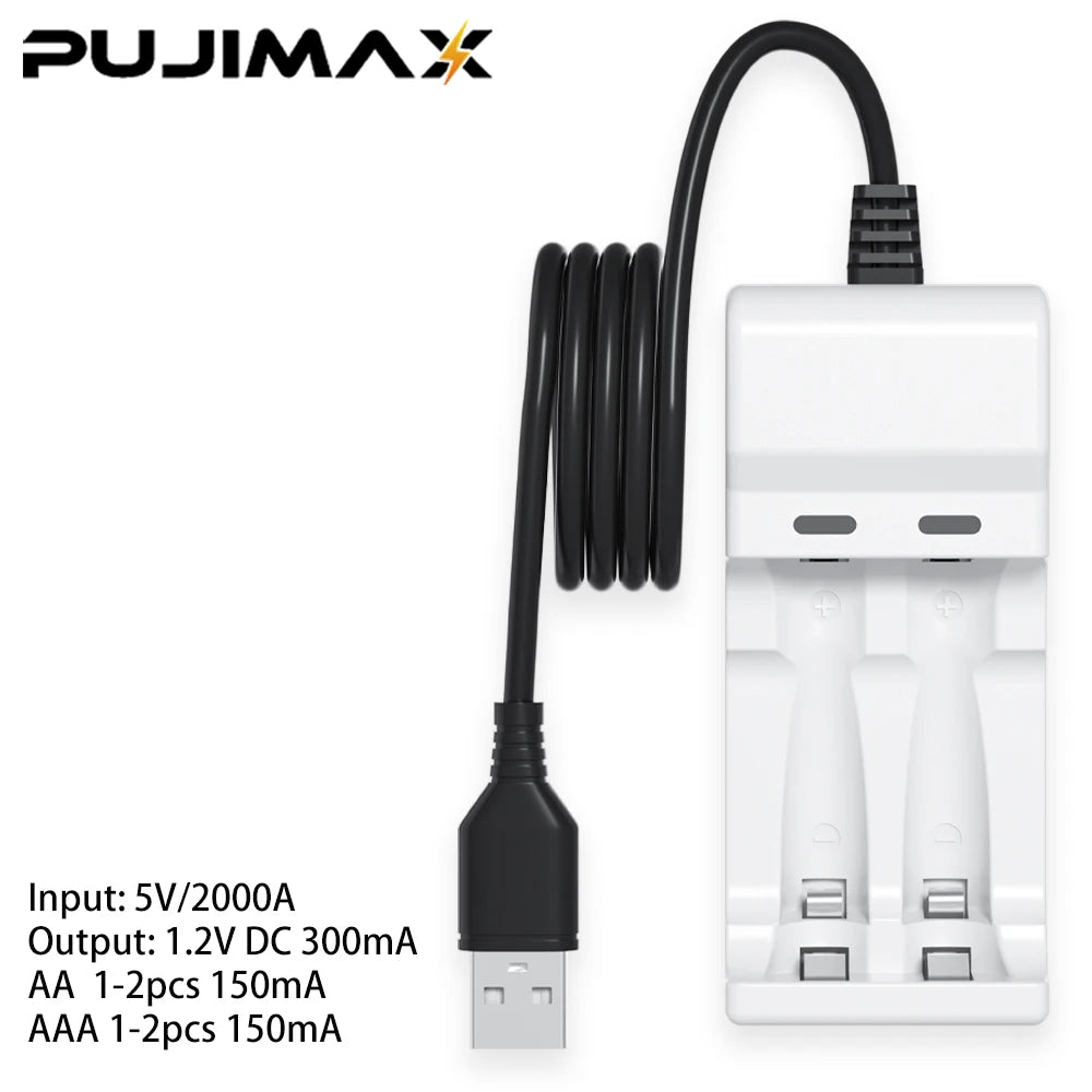 PUJIMAX 1.2V Ni-MH Battery Charger 2Slot Intelligent LED Indicator USB Cable Charger for Ni-MH/Ni-Cd Rechargeable AA/AAA Battery