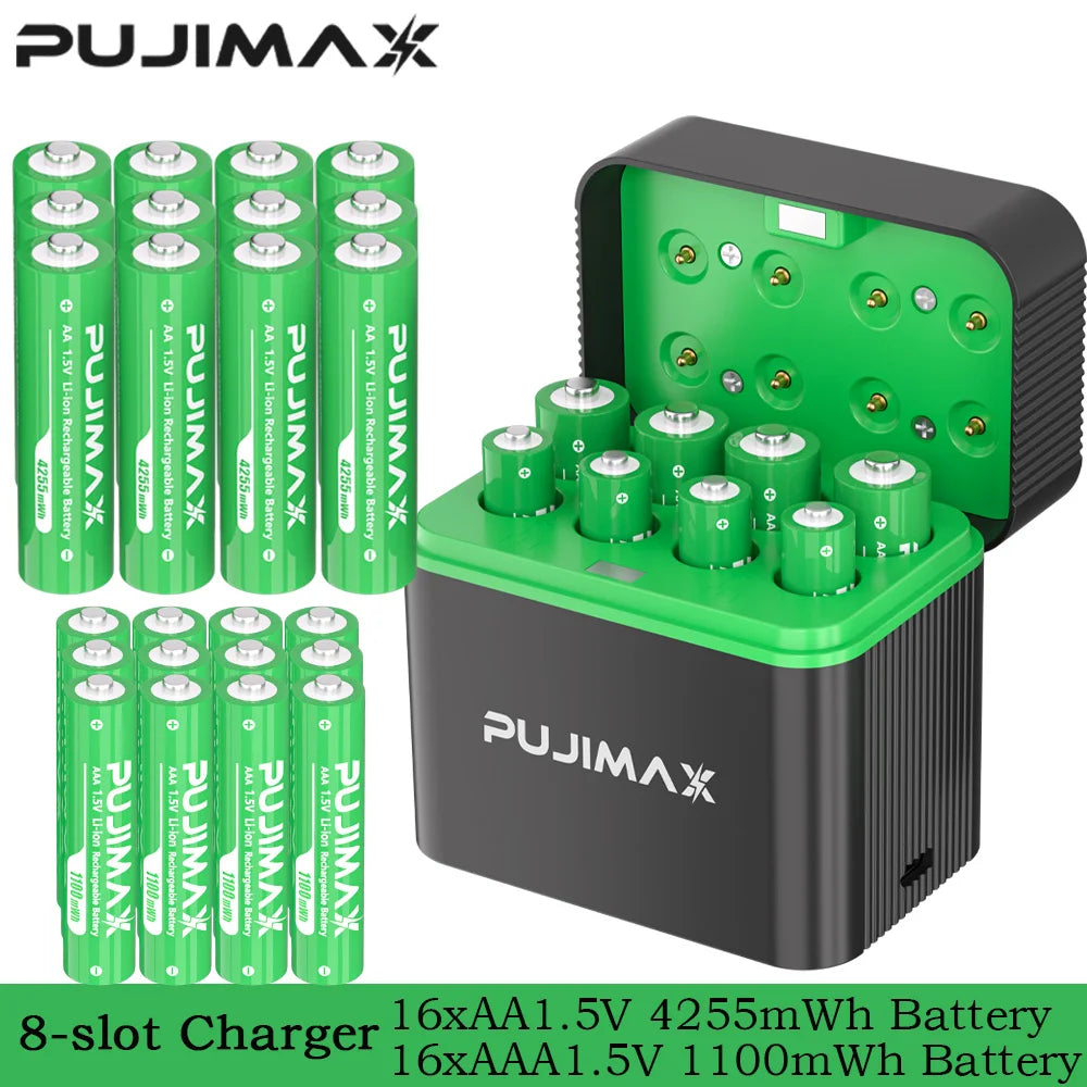 PUJIMAX Smart Battery Charger For 1.5V AAA/AA 1100mWh 4255mWh  Rechargeable batteries Lithium  Intelligent Fast Charging ﻿