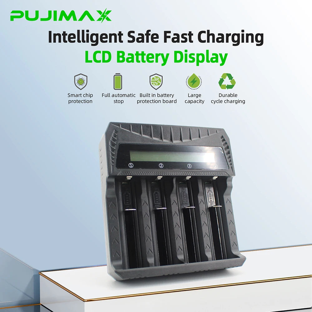 PUJIMAX 2/4 Slots Smart Charger LCD Display Charger for AA/AAA/18650/26650/14500/16340/18500/21700 Ni-MH Ni-Cd Li-ion Batteries