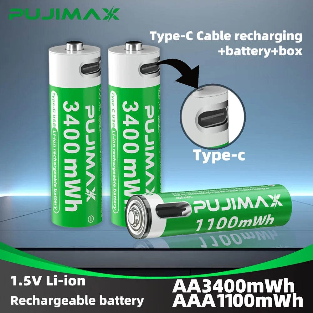 PUJIMAX 3400mwh+1100mWh Rechargeable Lithium  Batteries with Type-C Charging Power Remote ControlsType-C Data Cable for Charging