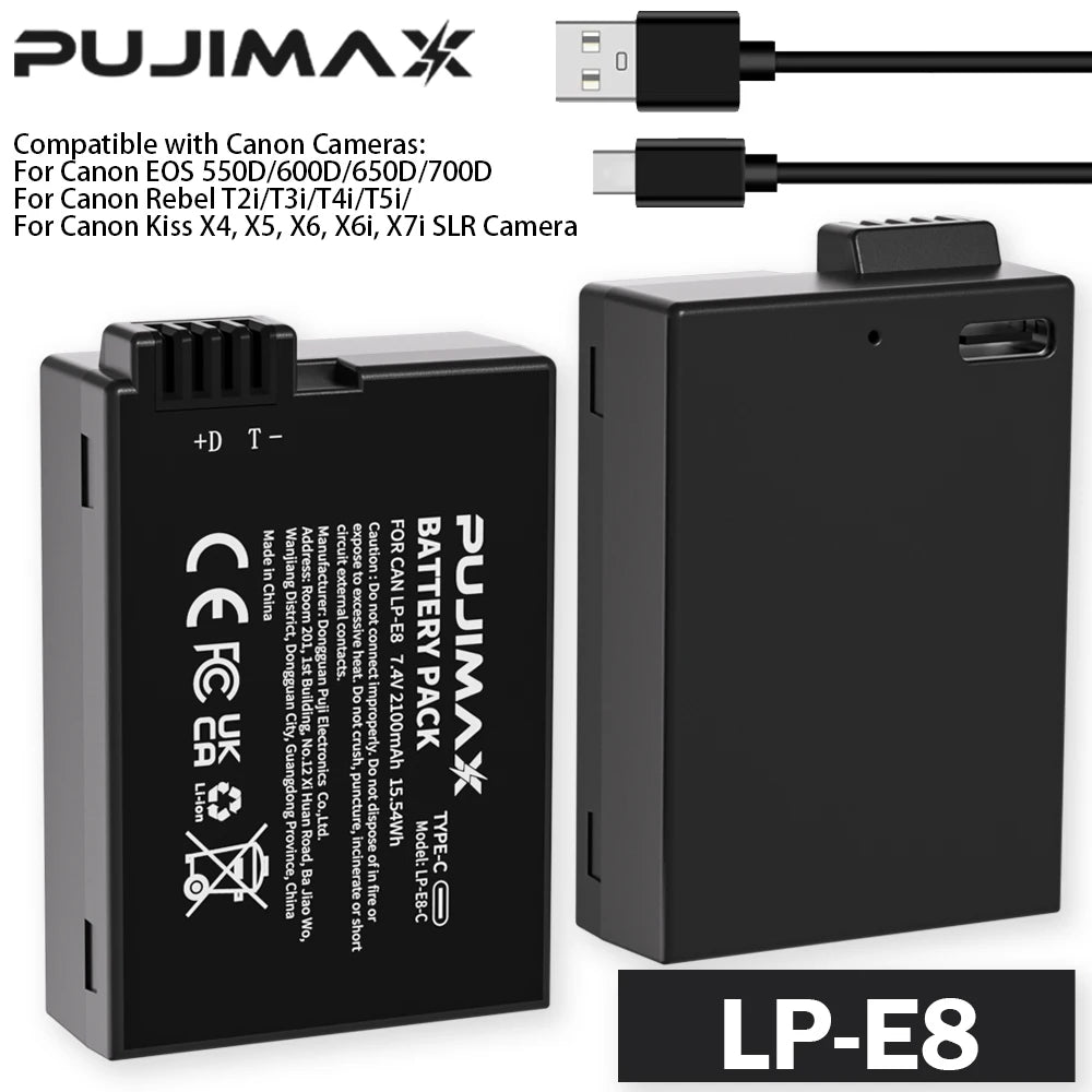 PUJIMAX 2100mAh LP-E8 LP E8 LPE8 Rechargeable Camera Battery with USB-C Input Canon EOS 550D 600D 650D 700D Rebel T2i T3i T4i T5