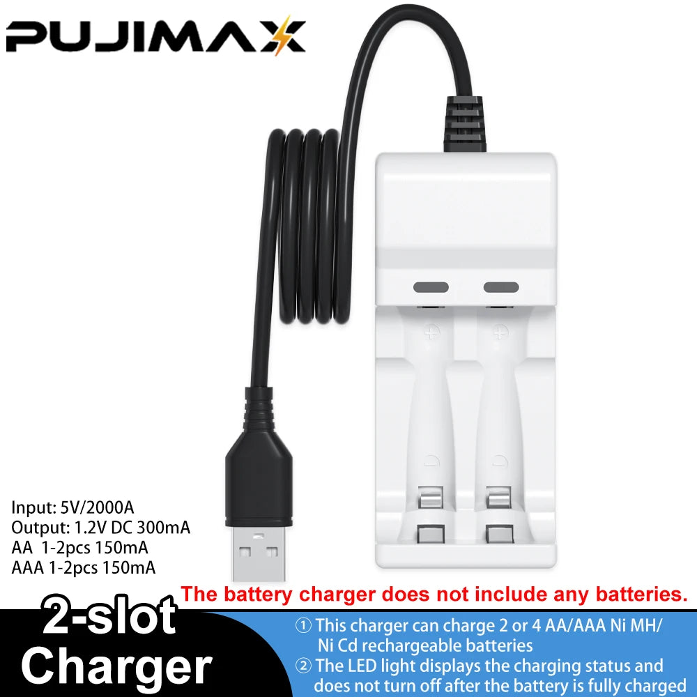 PUJIMAX 1.2V Ni-MH Battery Charger 2Slot Intelligent LED Indicator USB Cable Charger for Ni-MH/Ni-Cd Rechargeable AA/AAA Battery