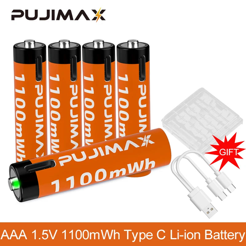 PUJIMAX New AAA 1.5V Rechargeable Battery 1100mWh Real Capacity Lithium Battery USB Type C Li-ion Batteries For Alarm Clock