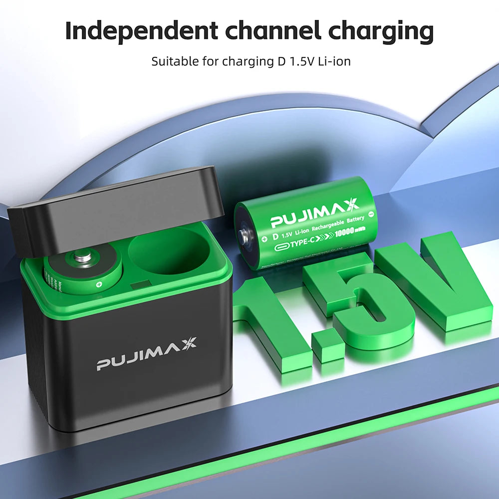 PUJIMAX 1.5V LR20 10000mWh D Size Batteries with Charger Rechargeable Lithium Battery For Flashlight Gas stoves Water Heaters