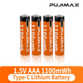 PUJIMAX 1.5V AAA 1100mWh Li-ion Rechargeable Battery High Capacity Lithium Battery USB Type C Li-ion Batteries For Alarm Clock