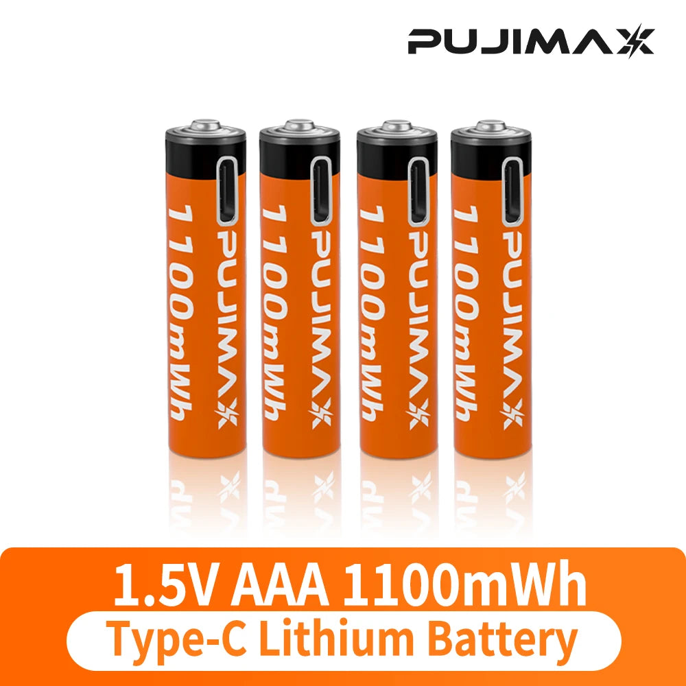 PUJIMAX 1.5V AAA 1100mWh Li-ion Rechargeable Battery High Capacity Lithium Battery USB Type C Li-ion Batteries For Alarm Clock