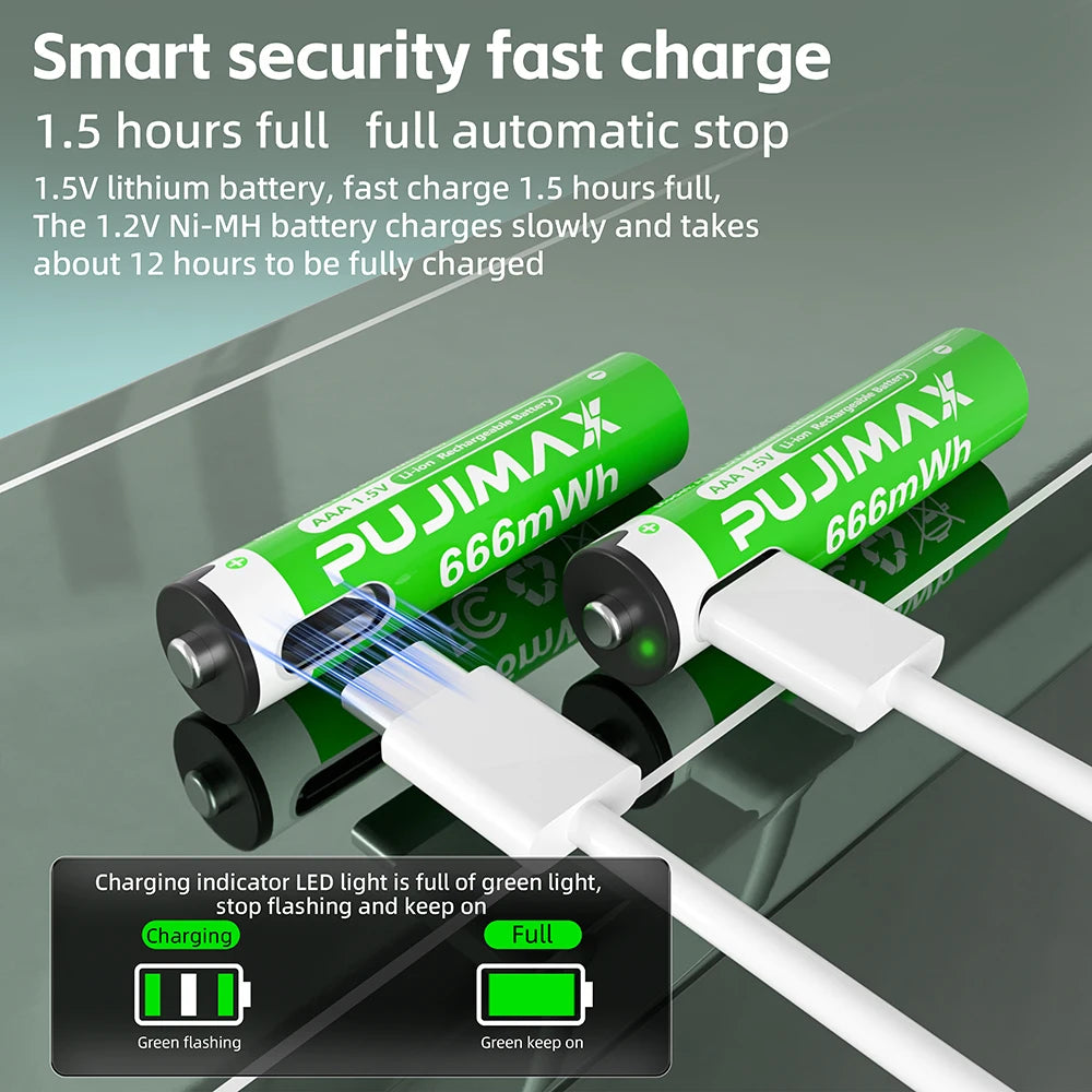 PUJIMAX USB AAA Rechargeable Batteries 1.5V 666mWh li-ion battery for remote control mouse Electric toy battery + Type-C Cable