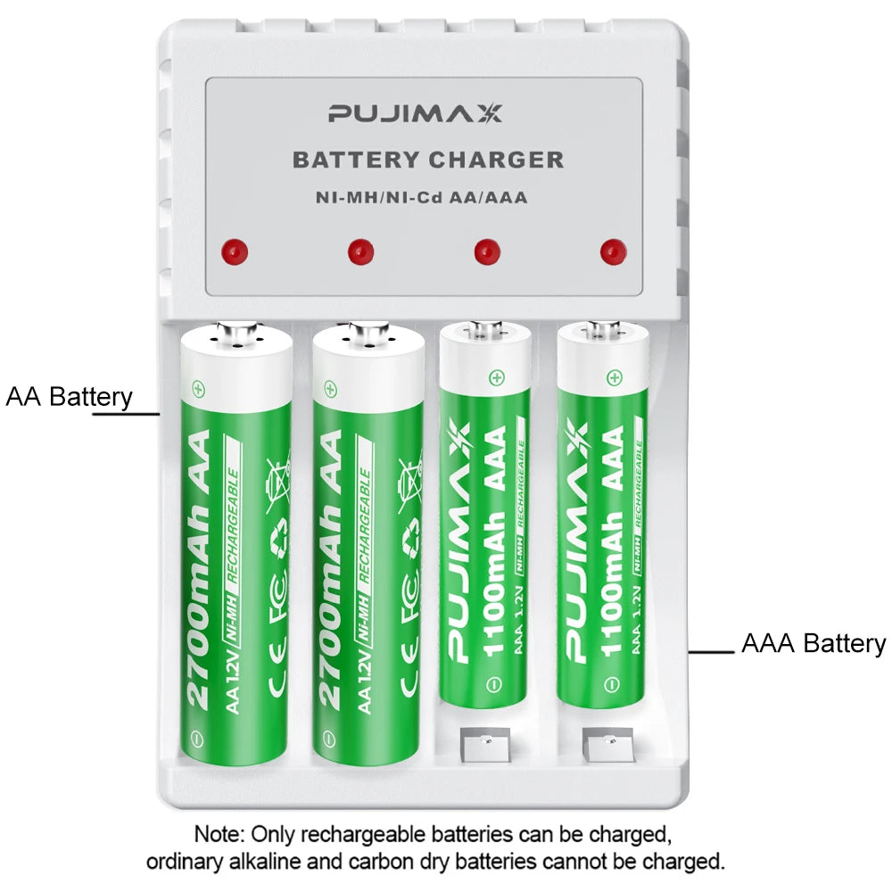 PUJIMAX 4-Slot Battery Charger With LED Indicator For 1.2V AA/AAA Ni-Cd Ni-Mh Rechargeable Batteries aa aaa Charger Adapter