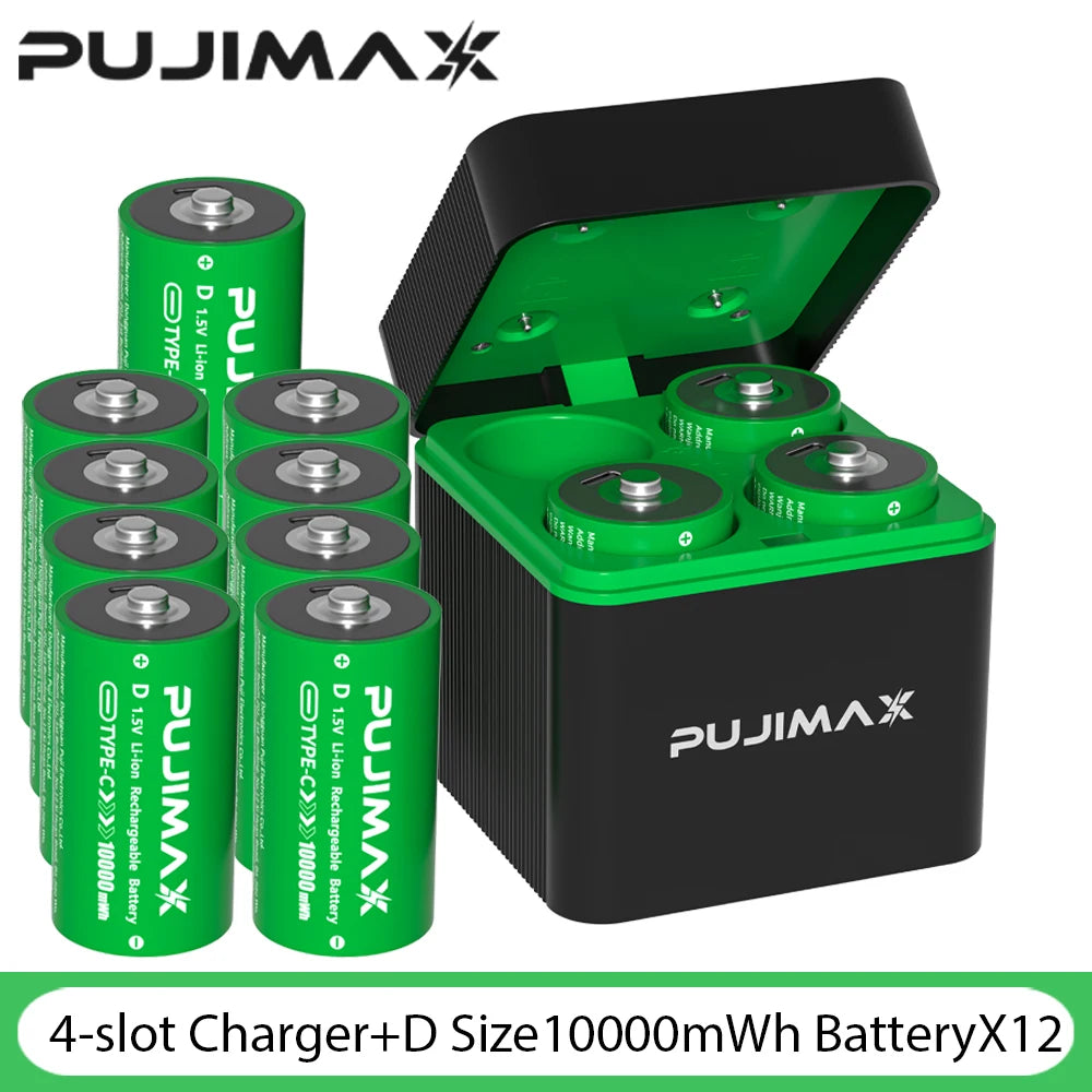 PUJIMAX 10000mWh Rechargeable D Size Batteries 4-slot Charger LR20 Li-ion 1.5V Battery for Gas Appliances Liquefied Gas Cooker