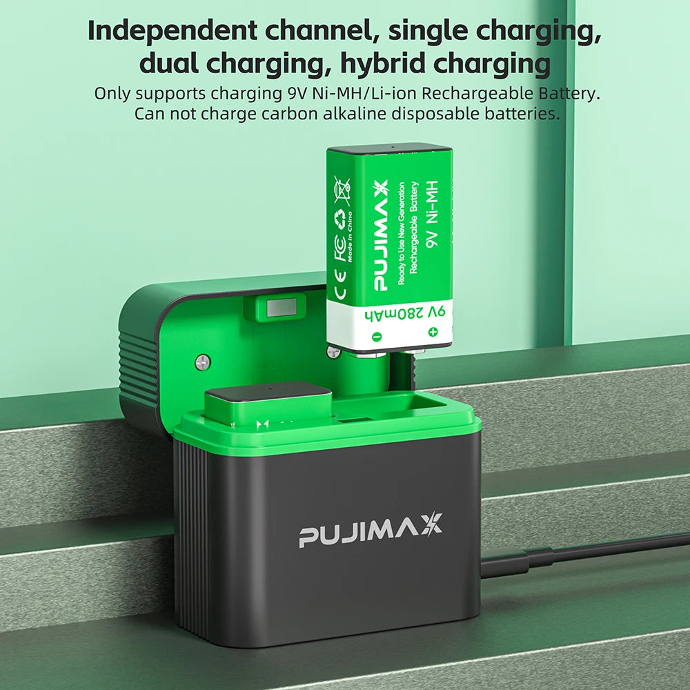 PUJIMAX 9V Rechargeable Battery+Charger 280mAh Ni-MH Batteries for Multimeter Microphone Toy Remote Control Guitar Smoke Alarm