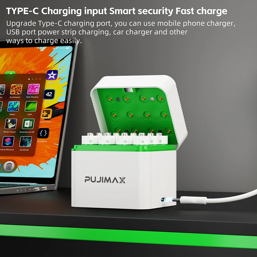 PUJIMAX 12-Slots Smart Battery Charger AA 12PCS 1.2V Ni-MH Batteries Rechargeable Battery Set Charger Independent Fast Charging