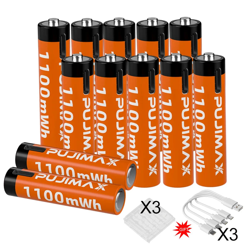 PUJIMAX New AAA 1.5V Rechargeable Battery 1100mWh Real Capacity Lithium Battery USB Type C Li-ion Batteries For Alarm Clock