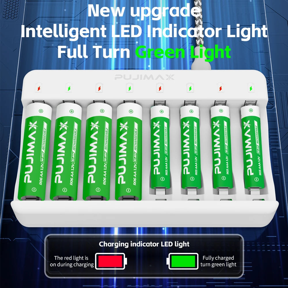 PUJIMAX 8-Slots 1.2V LCD Display Smart Battery Charger For AA/AAA NiMh NiCd Rechargeable Batteries aa aaa Batteries Charger