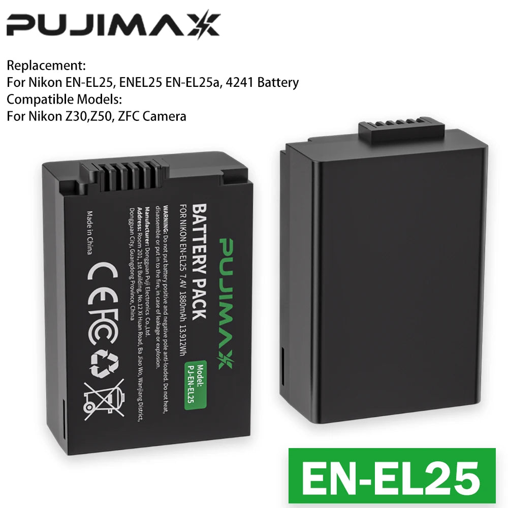 PUJIMAX EN-EL25 EN-EL25a ENEL25 1880mAh Rechargeable Li-ion Battery for Nikon Z50 Z30 ZFC Mirrorless Digital Cameras Batteries