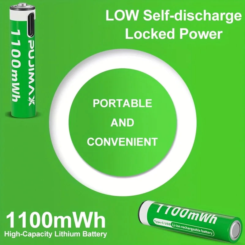 PUJIMAX AAA 1.5V 1100mWh Type-C Rechargeable Lithium Battery Fast charging  For Camera Remote Control  Microphone Toy Keyboard