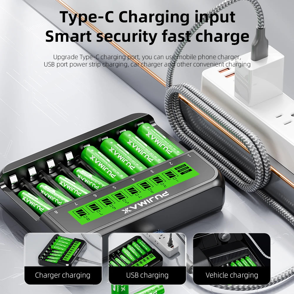 PUJIMAX 1.5V 4255mWh 1100mWh High Capacity Lithium Battery Cells Lithium And Charger Set 8-Slot LED Smart Dimmable Charger