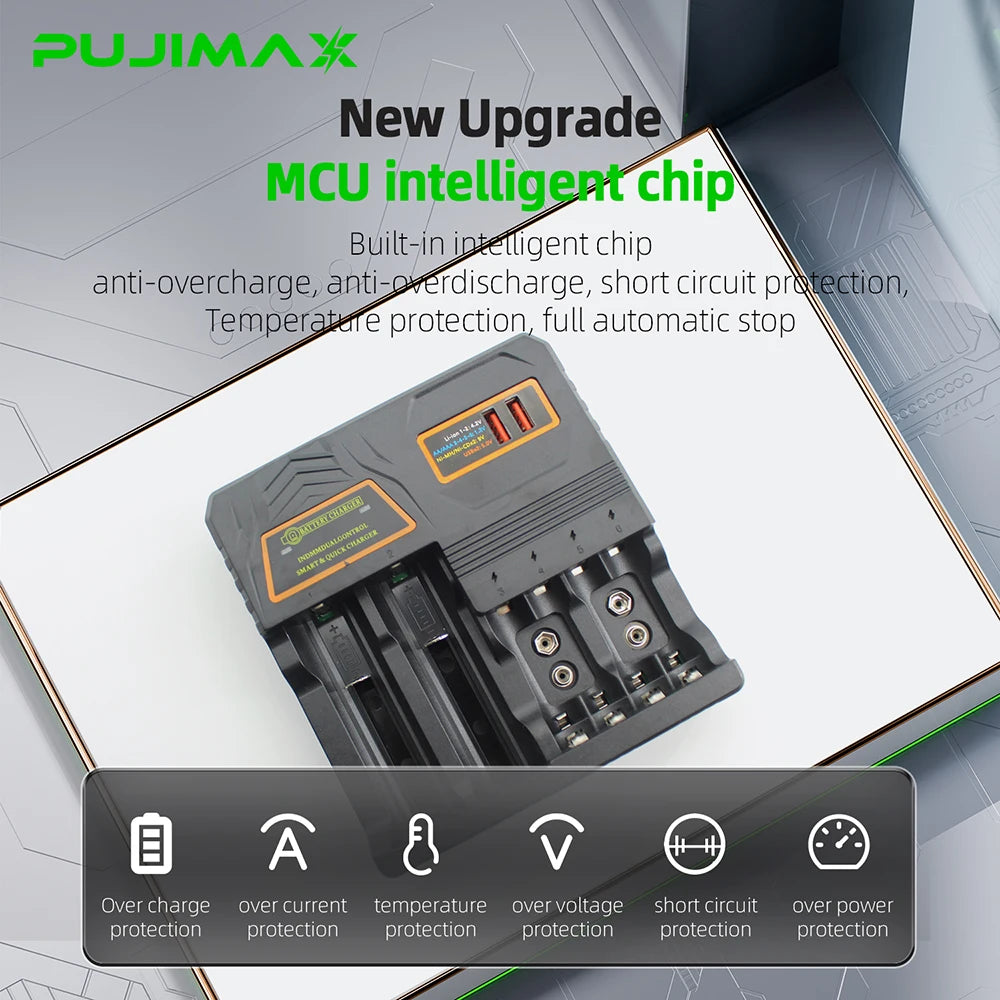 PUJIMAX Battery Charger for 4.2V 18650/16340/14500/21700/26650/32650 Battery 1.2V Ni-MH/Ni-Cd AA AAA 9V Smart Battery Charger