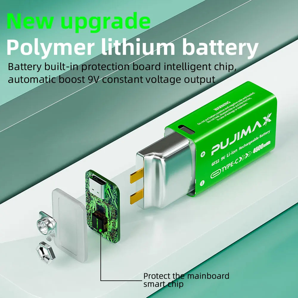 PUJIMAX 9V Rechargeable 4600 mWh Li-Ion Battery Type-C Charging 6F22 Li-ion Battery For Metal Detector KTV Microphone Multimeter