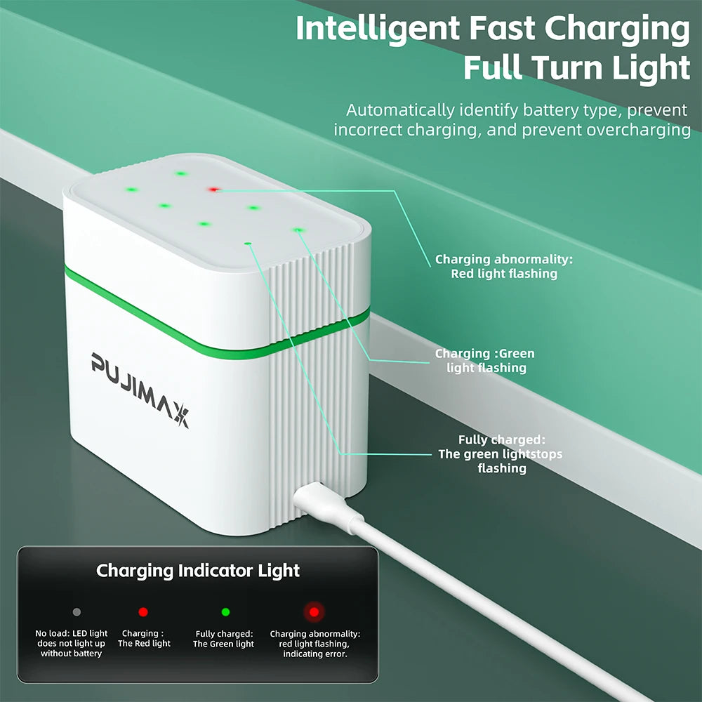 PUJIMAX Smart Charging Case Equipped with 8pcs 1.2V Rechargeable AA High-capacity 2700mAh NiMH Batteries Ni-MH battery kit