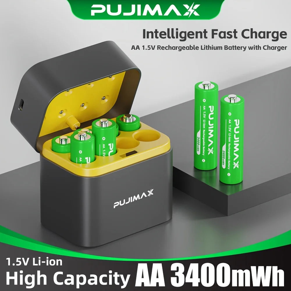 PUJIMAX Rechargeable Lithium Battery+Charger 1.5V AA 3400mWh Li-ion Battery High Capacity Battery for Mouse Remote Control Clock