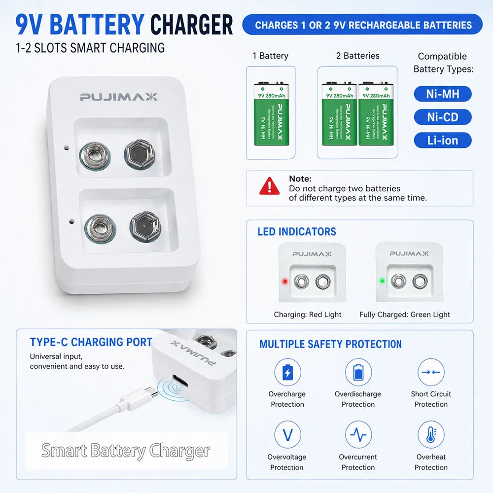 PUJIMAX 2 Slots Smart Fast Battery Charger With LED Indicators USB Cable For 9V Ni-MH/Ni-Cd/Li-ion Rechargeable Batteries