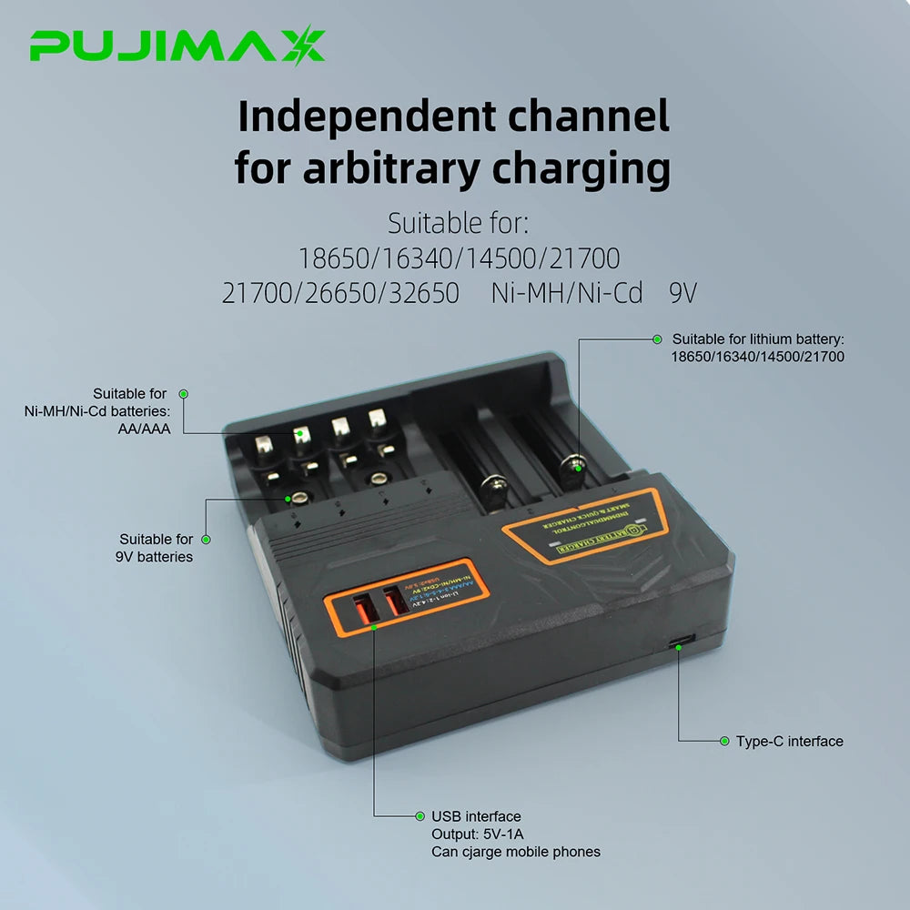 PUJIMAX Battery Charger for 4.2V 18650/16340/14500/21700/26650/32650 Battery 1.2V Ni-MH/Ni-Cd AA AAA 9V Smart Battery Charger