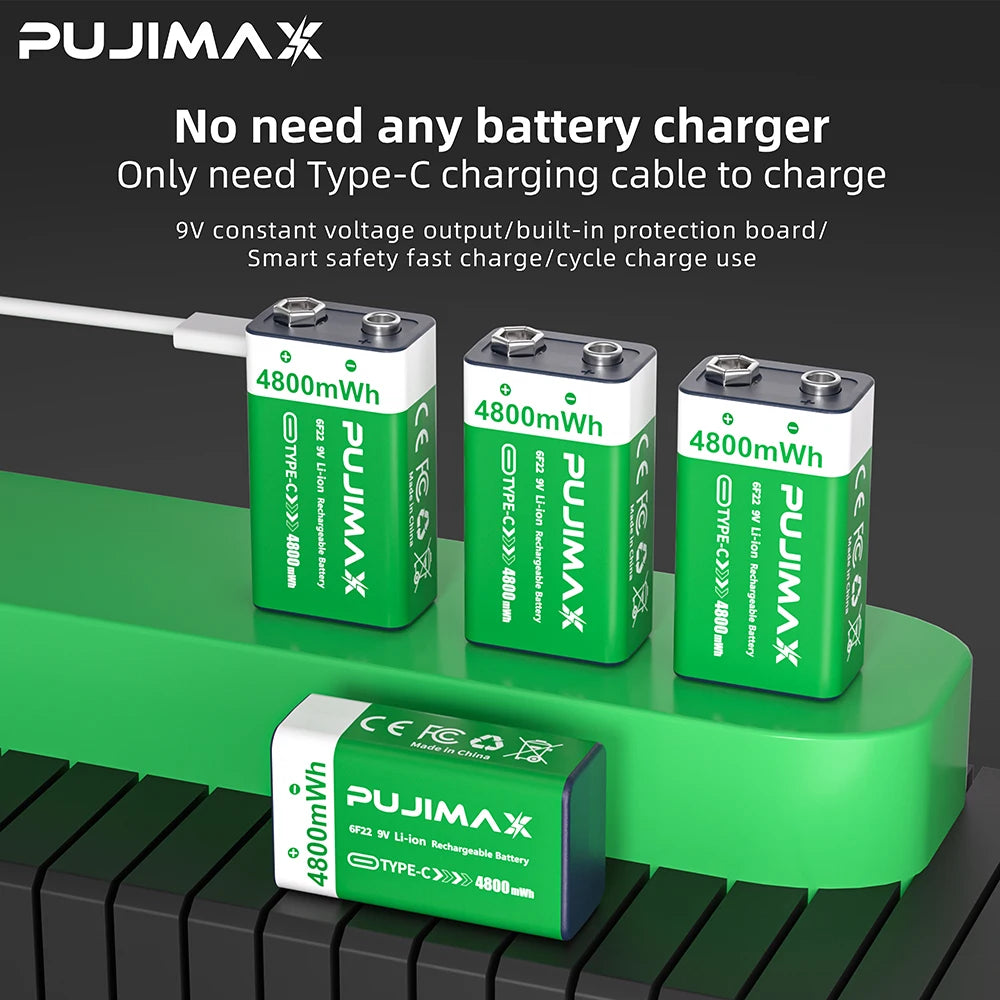 PUJIMAX USB 9V Rechargeable Battery 4800mWh Type-C Rechargeable 6F22 9V Li-ion Battery for RC Helicopeter Model Multimeter Toy