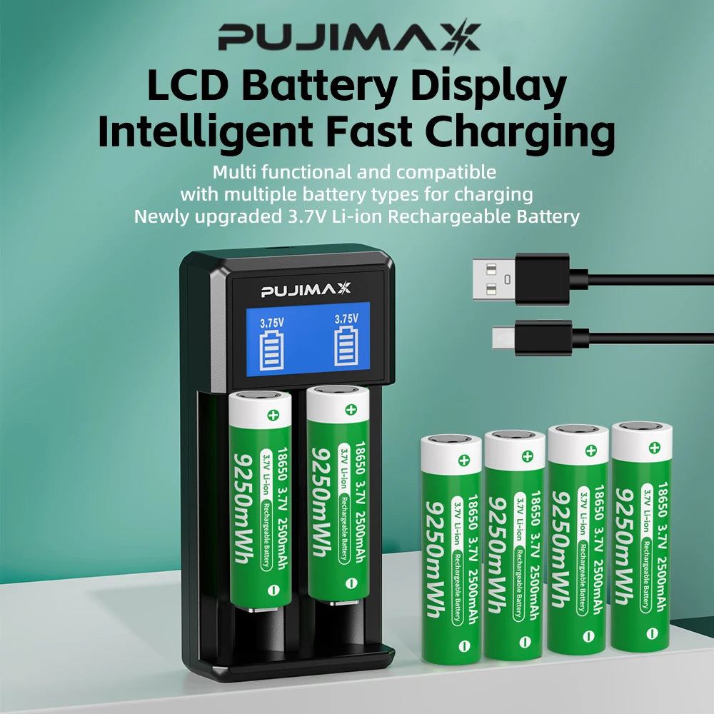 PUJIMAX 2 Slots 18650 LCD Display Battery Charger For 26650/18650/14500/16340 Charging 3.7V Rechargeable Lithium Battery Charger