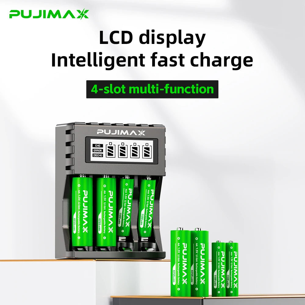 PUJIMAX 1.5V AA Rechargeable Lithium-ion 4255mWh Battery Large Capacity For Cameras Electric Toys With LCD Smart Battery Charger